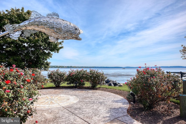 view of patio / terrace with a water view