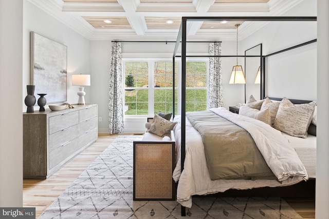bedroom featuring crown molding, beamed ceiling, light wood-style floors, coffered ceiling, and recessed lighting