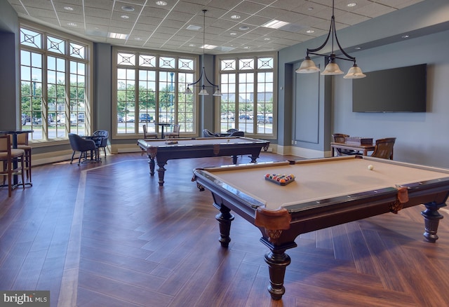 recreation room featuring pool table, baseboards, and a paneled ceiling