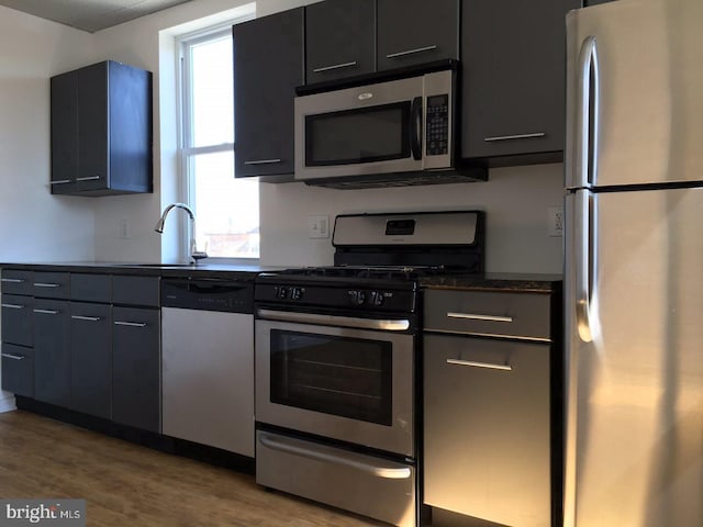 kitchen with appliances with stainless steel finishes, light wood-type flooring, sink, and a wealth of natural light