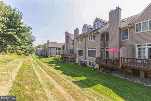 view of yard featuring central AC unit and a deck