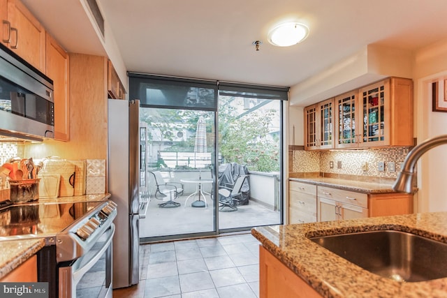 kitchen with light stone countertops, appliances with stainless steel finishes, tasteful backsplash, and sink