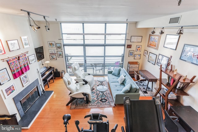 living room with a wall of windows and light hardwood / wood-style flooring