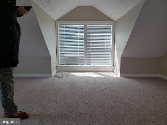 bonus room featuring a textured ceiling, lofted ceiling, and light colored carpet