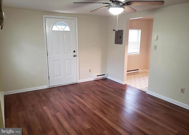 entrance foyer featuring ceiling fan, a baseboard radiator, dark hardwood / wood-style floors, and electric panel