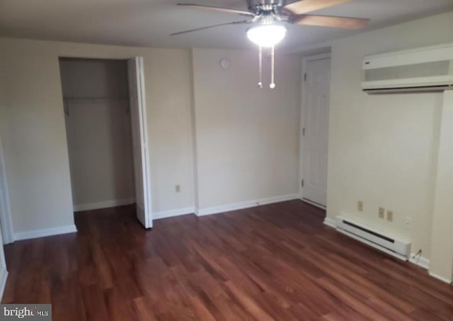 unfurnished bedroom featuring an AC wall unit, dark hardwood / wood-style floors, ceiling fan, and a baseboard radiator