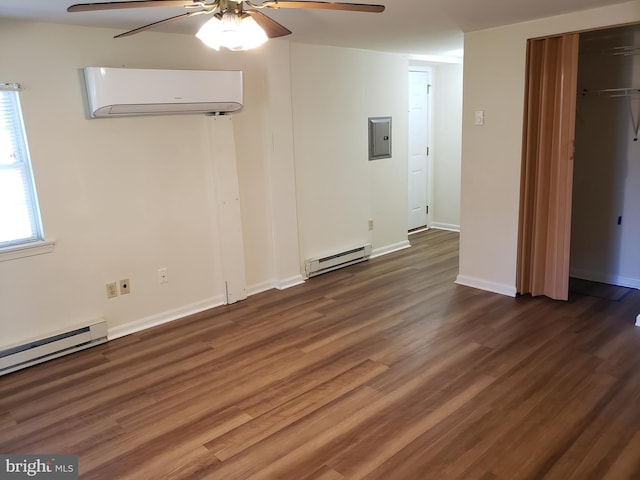 unfurnished bedroom with ceiling fan, electric panel, dark wood-type flooring, a baseboard radiator, and a wall mounted air conditioner