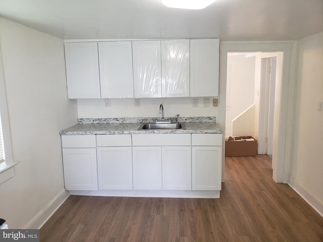 kitchen with white cabinets, dark hardwood / wood-style floors, and sink