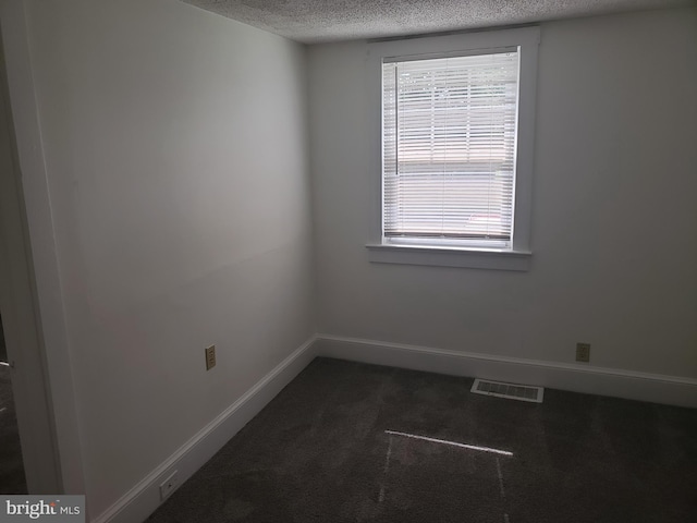 carpeted empty room featuring a textured ceiling