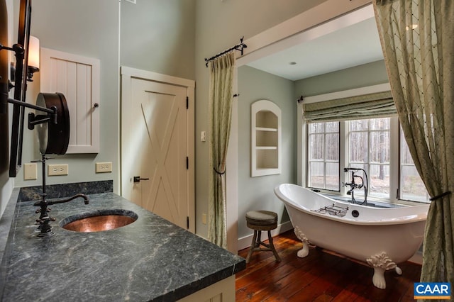 bathroom featuring vanity, wood-type flooring, and a washtub