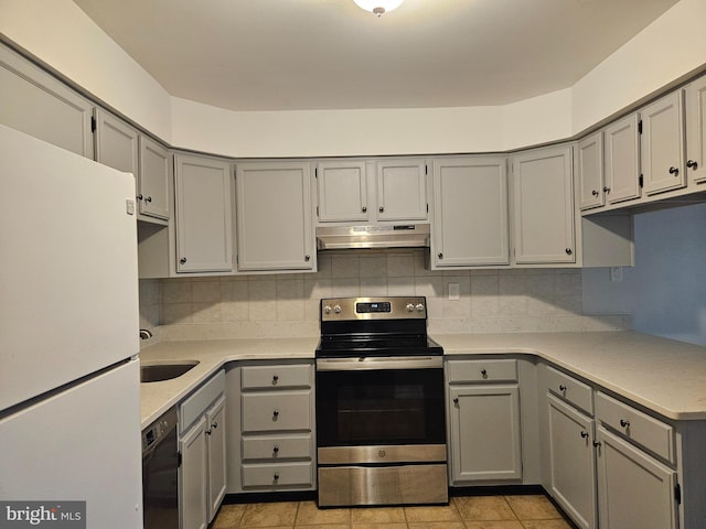 kitchen featuring stainless steel electric stove, white fridge, dishwasher, and gray cabinetry