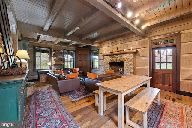 living room featuring wooden ceiling, wood walls, hardwood / wood-style floors, and beamed ceiling