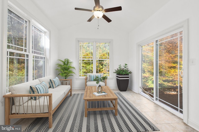 sunroom / solarium with vaulted ceiling and ceiling fan