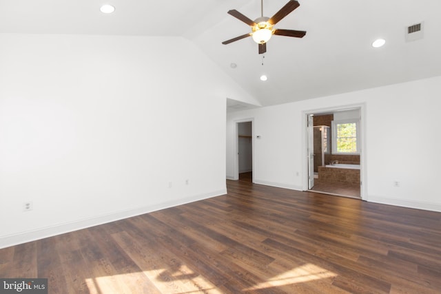 empty room featuring high vaulted ceiling, dark hardwood / wood-style flooring, and ceiling fan