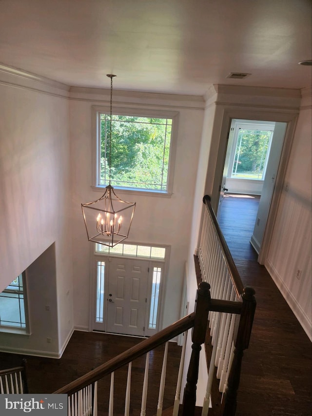 foyer entrance with ornamental molding, a notable chandelier, and dark hardwood / wood-style floors