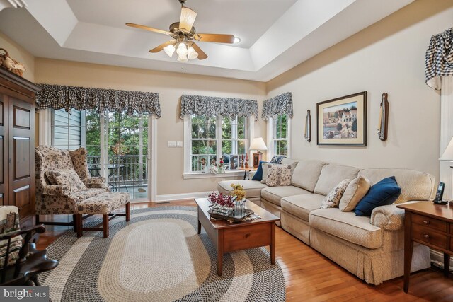 living room featuring ceiling fan, hardwood / wood-style flooring, and a raised ceiling