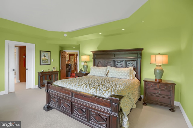 carpeted bedroom with baseboards and recessed lighting