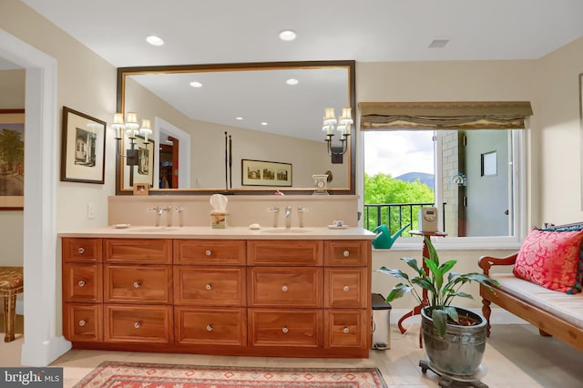 full bath featuring tile patterned floors, a sink, double vanity, visible vents, and recessed lighting