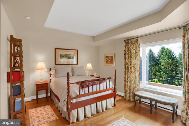 bedroom featuring a raised ceiling and hardwood / wood-style floors