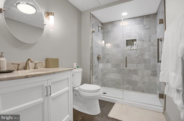 bathroom featuring toilet, vanity, and a stall shower