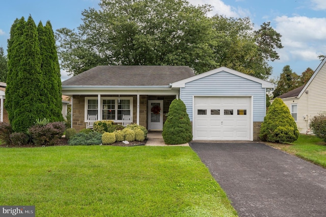 view of front of home with a front lawn, a porch, and a garage