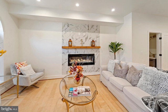 living room with wood-type flooring and a high end fireplace