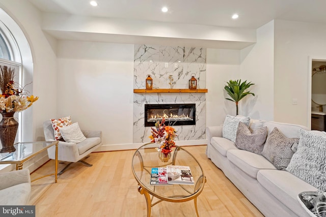 living room featuring wood-type flooring and a fireplace