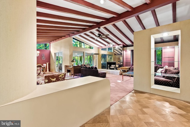 corridor featuring beamed ceiling and high vaulted ceiling