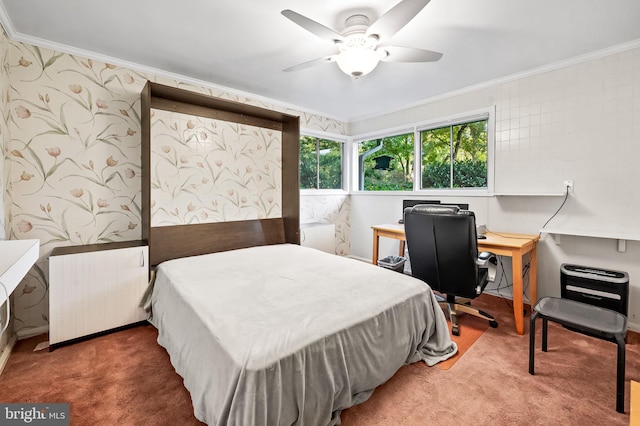 bedroom with crown molding, radiator, dark colored carpet, and ceiling fan