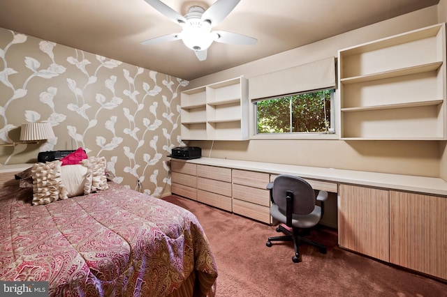 bedroom featuring built in desk, carpet flooring, and ceiling fan