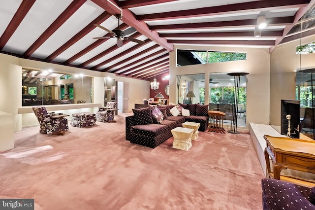 living room with ceiling fan, beamed ceiling, carpet, and high vaulted ceiling