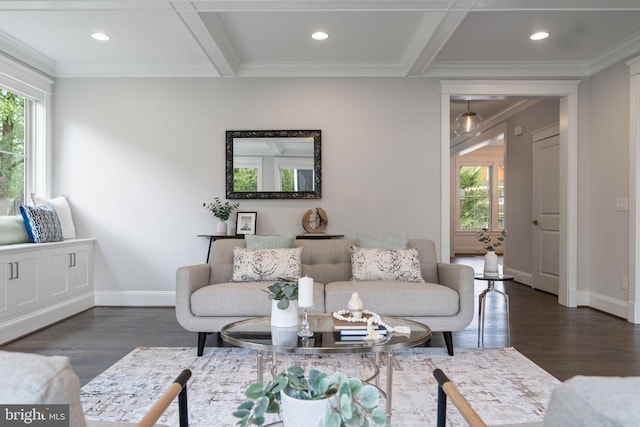 living room featuring beamed ceiling, dark hardwood / wood-style floors, coffered ceiling, and crown molding