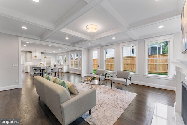 living room with ornamental molding, beamed ceiling, dark hardwood / wood-style floors, and coffered ceiling