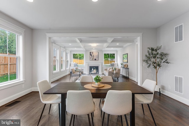 dining space with coffered ceiling, dark hardwood / wood-style floors, and beam ceiling