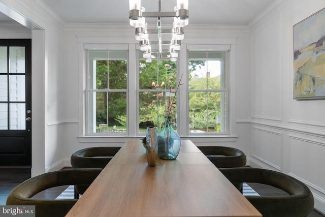 office space with ornamental molding, dark hardwood / wood-style flooring, and a notable chandelier