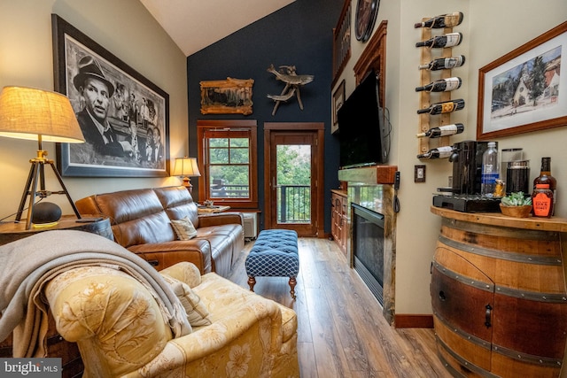 living room featuring hardwood / wood-style flooring and high vaulted ceiling