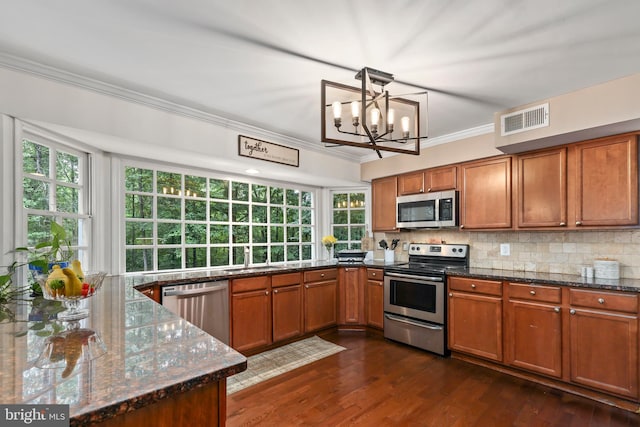 kitchen featuring an inviting chandelier, dark wood-type flooring, stainless steel appliances, and a wealth of natural light