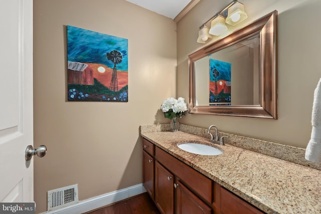 bathroom with hardwood / wood-style floors and vanity