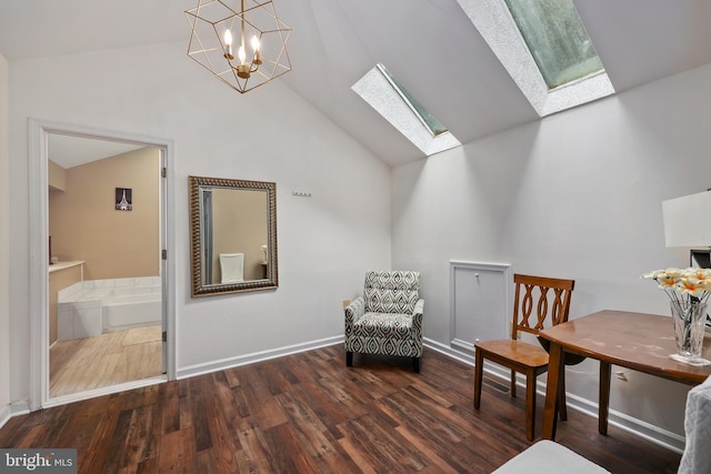 sitting room featuring an inviting chandelier, a skylight, dark hardwood / wood-style flooring, and high vaulted ceiling