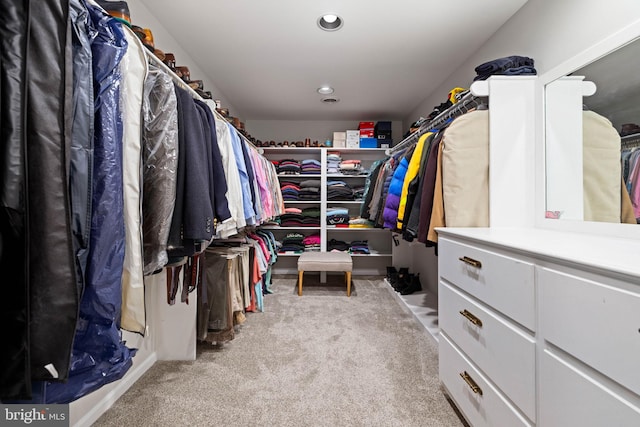 walk in closet with light colored carpet