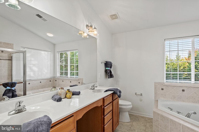 full bathroom featuring toilet, vanity, vaulted ceiling, and a wealth of natural light