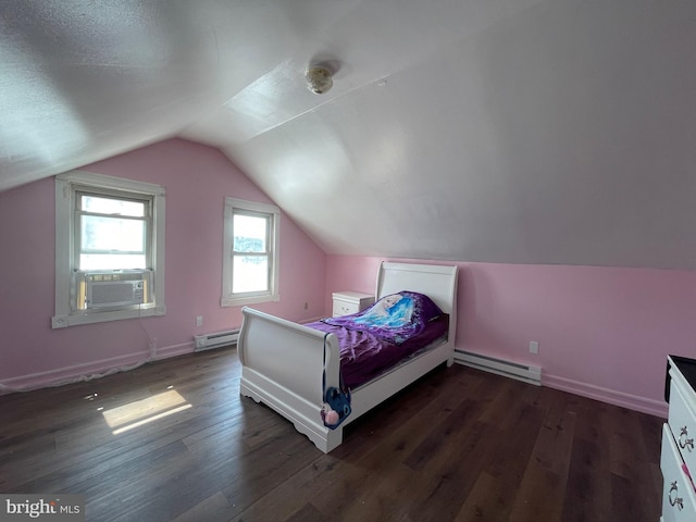 bedroom with a baseboard radiator, cooling unit, lofted ceiling, and dark wood-type flooring