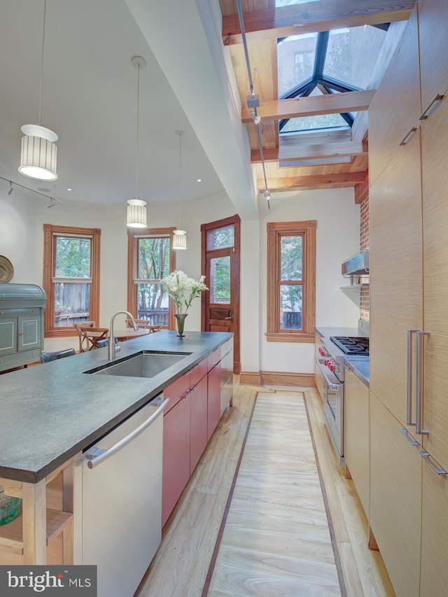 kitchen featuring sink, appliances with stainless steel finishes, hanging light fixtures, and light hardwood / wood-style floors