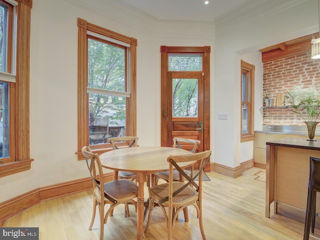 dining area with light hardwood / wood-style flooring and crown molding