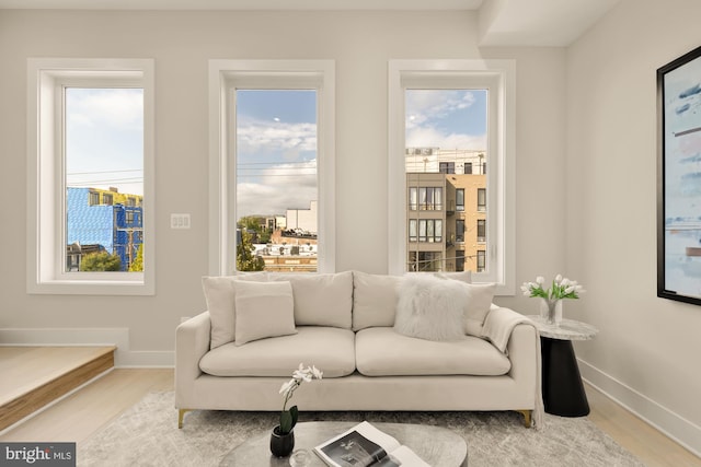 living room with light wood-type flooring and a wealth of natural light