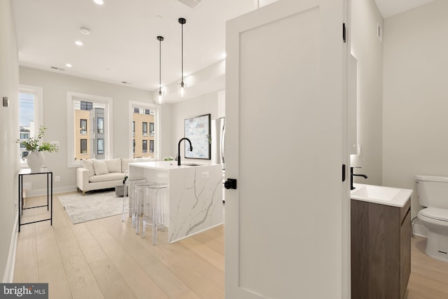 bathroom with wood-type flooring, vanity, and toilet