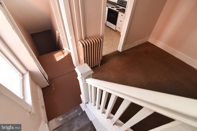 stairway with carpet floors and radiator