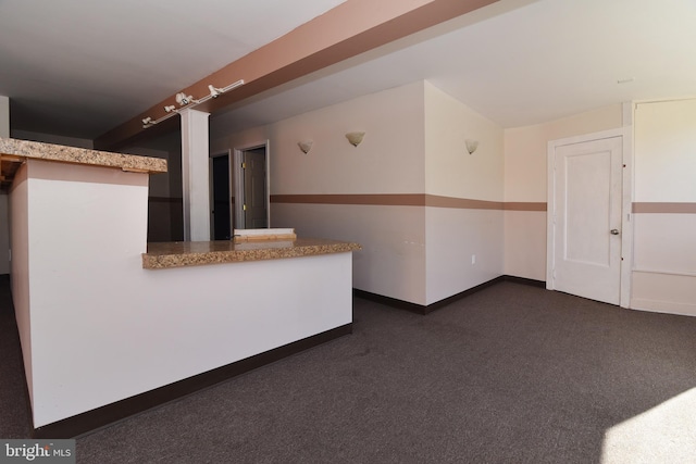 interior space featuring dark colored carpet and kitchen peninsula