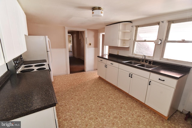 kitchen featuring white cabinets, sink, and white appliances