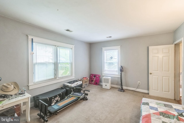 workout room featuring light carpet